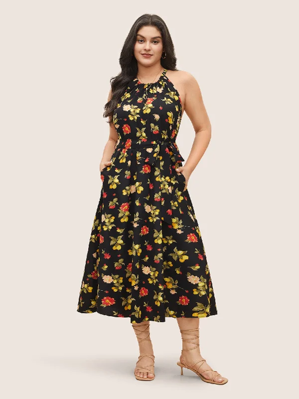 Citrus Lemon & Floral Print Belted Halter Dress Tunics Leisure comfortable