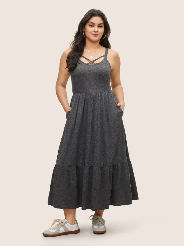 Solid Crisscross Patchwork Ruffle Hem Dress empire Waist empire