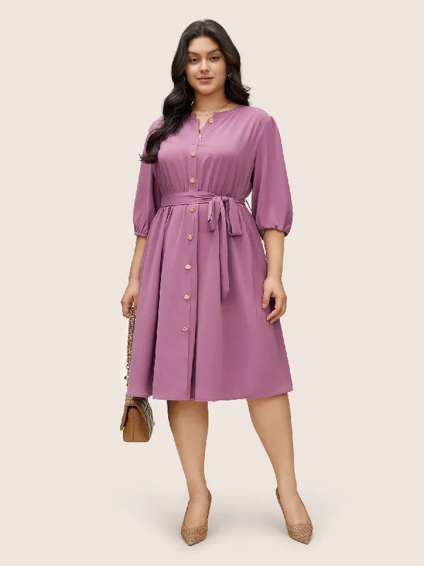 Notched Button Through Elastic Waist Belted Dress Tunics Prom sequined