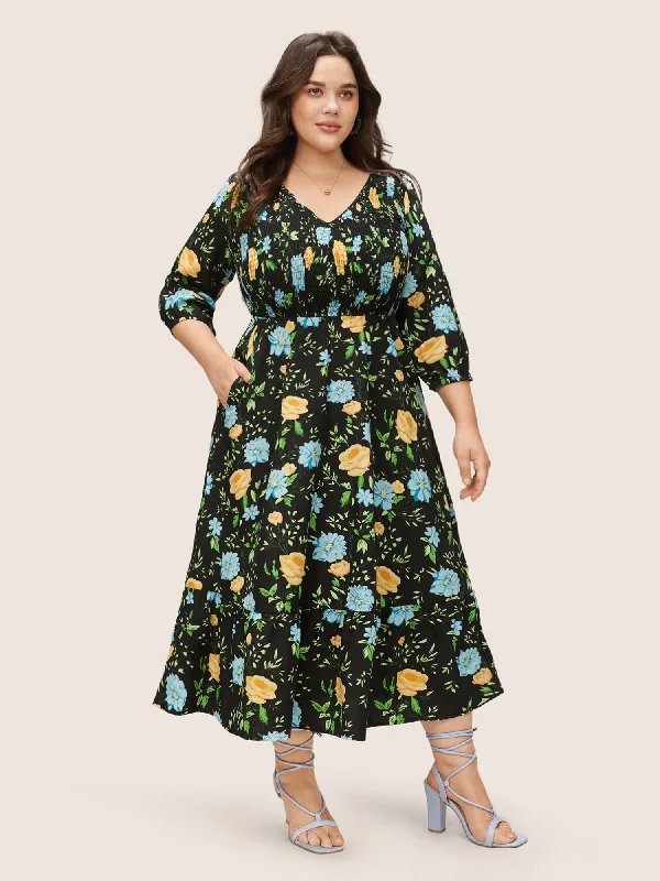 Floral Print Shirred Pocket V Neck Dress Tunics Trendy modern