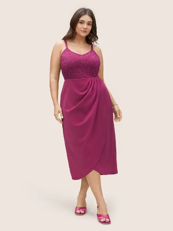 Lace Insert Plicated Detail Zipper Cami Dress Tunics Versatile all-occasion