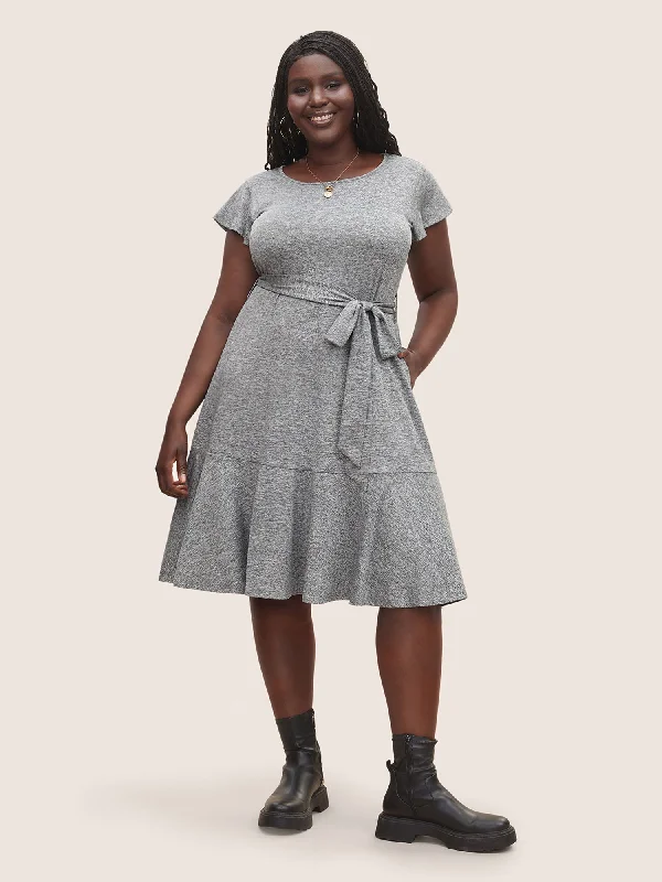 Solid Patchwork Ruffle Cap Sleeve Belted Dress Tunics Long Elegant