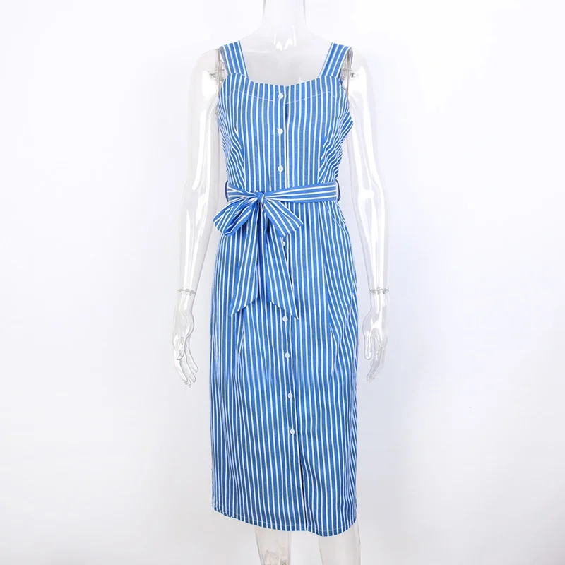 Blue Striped Dress Bow Bandage Sexy Summer Off Shoulder Women Party Dresses Single-Breasted Midi Elegant Shirt Dress Shift Classic Vintage