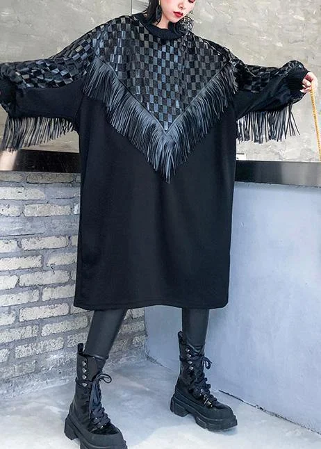 Chic o neck patchwork tassel fall dresses pattern black long Dresses Tunics Occasion special