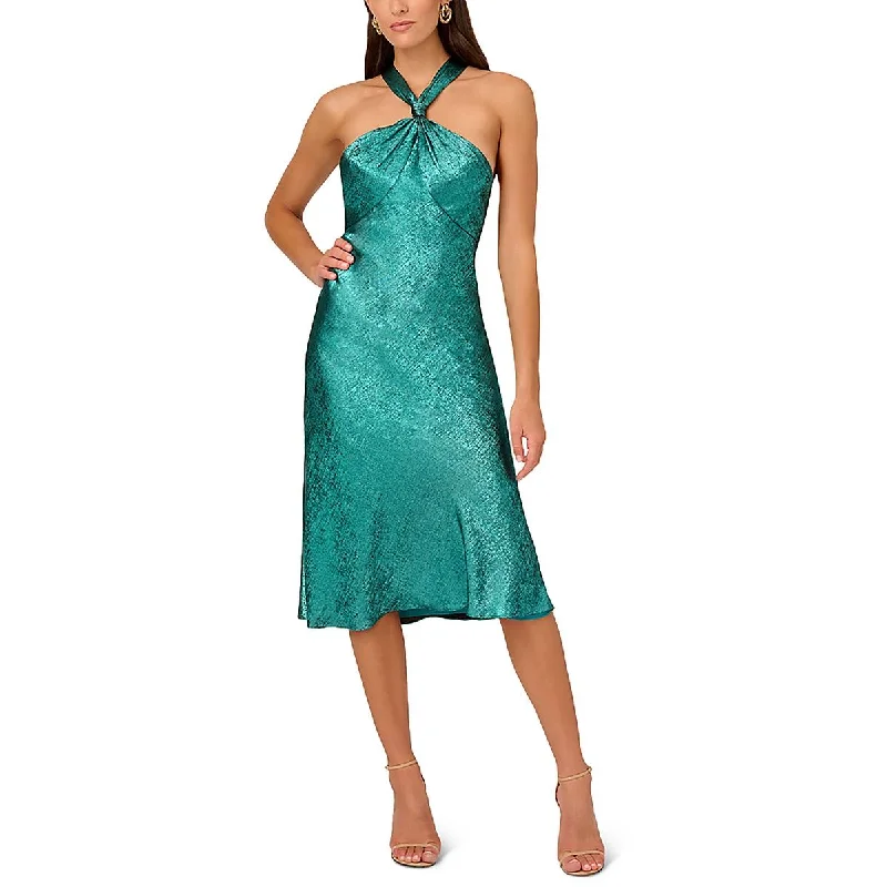 Liv Foster Womens Foil Chiffon Halter Cocktail And Party Dress Crew Neckline Sporty