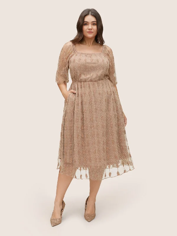 Square Neck Texture Embroidered Mesh Dress Tunics Fleece cozy