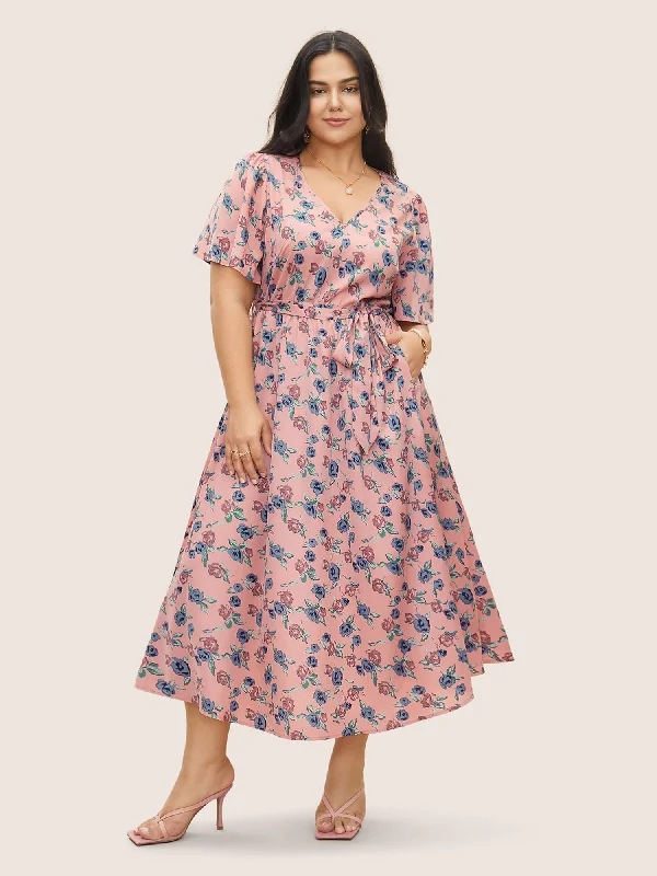 Floral Print V Neck Pleated Belted Dress Tunics Essential wardrobe