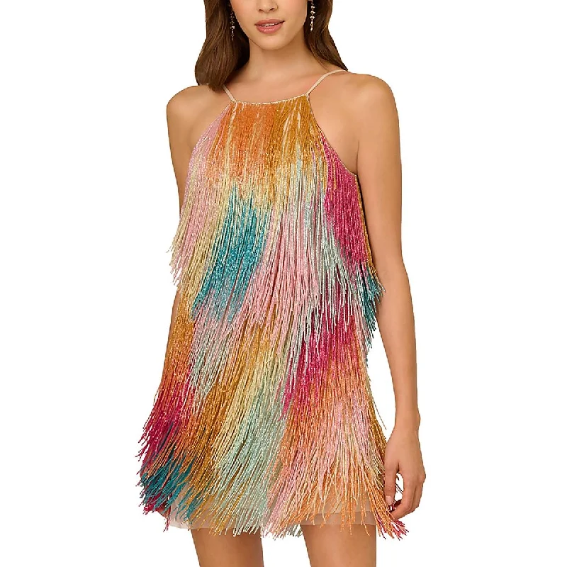Liv Foster Womens Beaded Mesh Cocktail And Party Dress Boat Neckline Classic