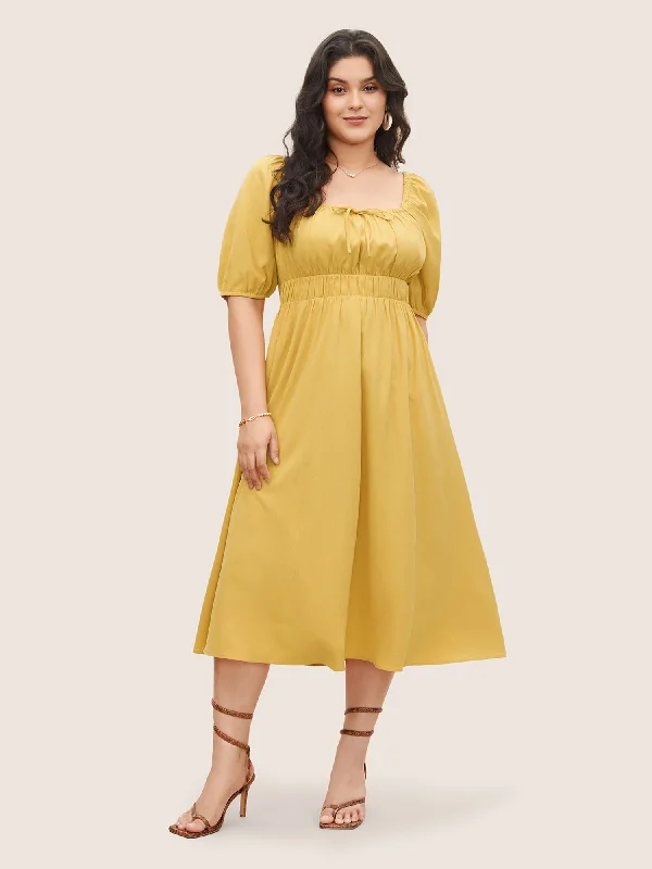 Plain Lantern Sleeve Drawstring Square Neck Dress Tunics Ceremony elegant