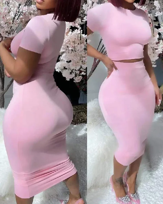 SHORT SLEEVE TOP HIGH WAIST SKIRT SET cashmere skirt rich