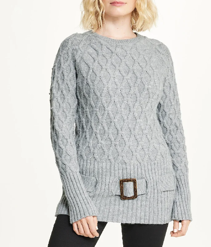 Diamond Belted Tunic Sweater Real Fur Shearling Chenille