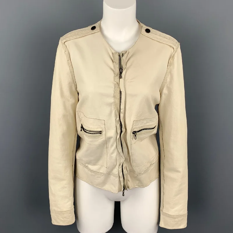 LANVIN Spring 2010 Size 4 Off White Leather Collarless Ruffle Zip Up Jacket Quilted Jacket Puffer Jacket Insulated Jacket