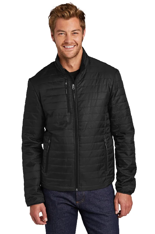 Port Authority Mens Water Resistant Packable Puffy Full Zip Jacket - Deep Black Front Pockets Side Pockets Patch Pockets