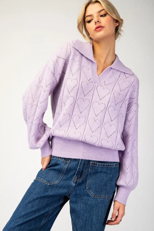 Holey Heart Collared Sweater (Lavender) Striped Floral Plaid