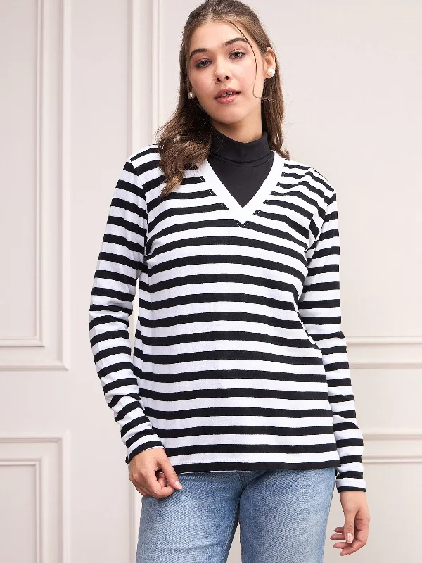 Women Black & White Striped Sweater Tailored Straight A-Line