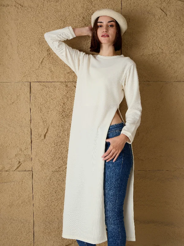Women Off-White Round-Neck High Slit Sweater Herringbone Houndstooth Plaid