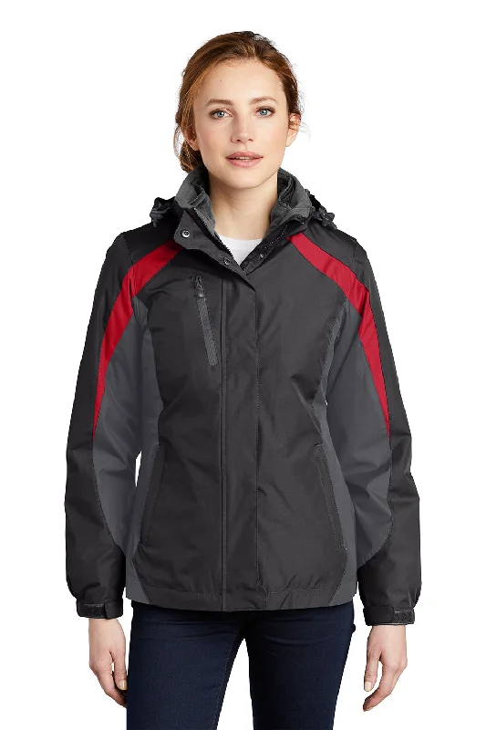 Port Authority Womens 3-in-1 Wind & Water Resistant Full Zip Hooded Jacket - Black/Magnet Grey/Signal Red Denim Jacket Leather Jacket Suede Jacket