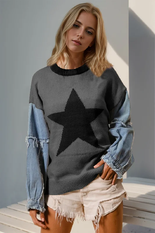 Everly Double Take Full Size Star Pattern Raw Edge Long Sleeve Sweater Sequined Glittery Shiny