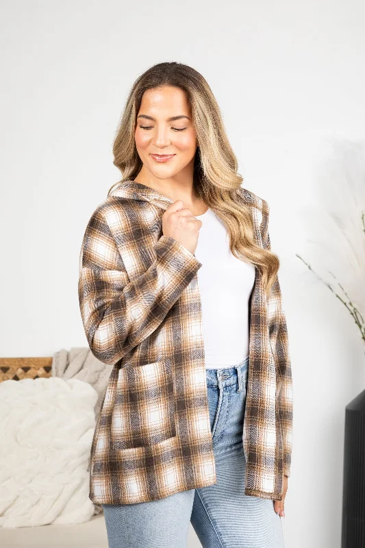Brown Multicolor Plaid Hoodie Jacket Hooded Jacket Caped Jacket Shawl Collar Jacket