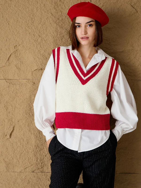 Women Red & White Striped V-Neck Sweater Vest Stylish Fashionable Trendy