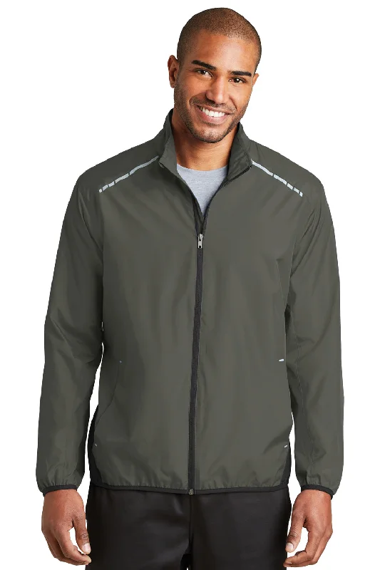 Port Authority Mens Zephyr Reflective Hit Wind & Water Resistant Full Zip Jacket - Steel Grey/Deep Black - Closeout Knit Fabric Woven Fabric Fleece Fabric