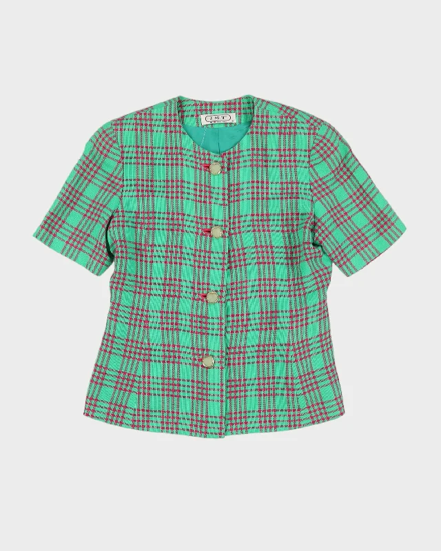Green And Pink Short Sleeve Blazer Jacket - S Welt Pockets Slit Pockets Flap Pockets