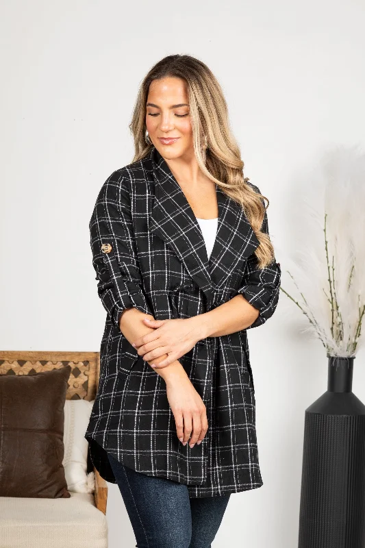 Black Plaid Rounded Hem Anorak Jacket Embroidered Jacket Appliqued Jacket Beaded Jacket
