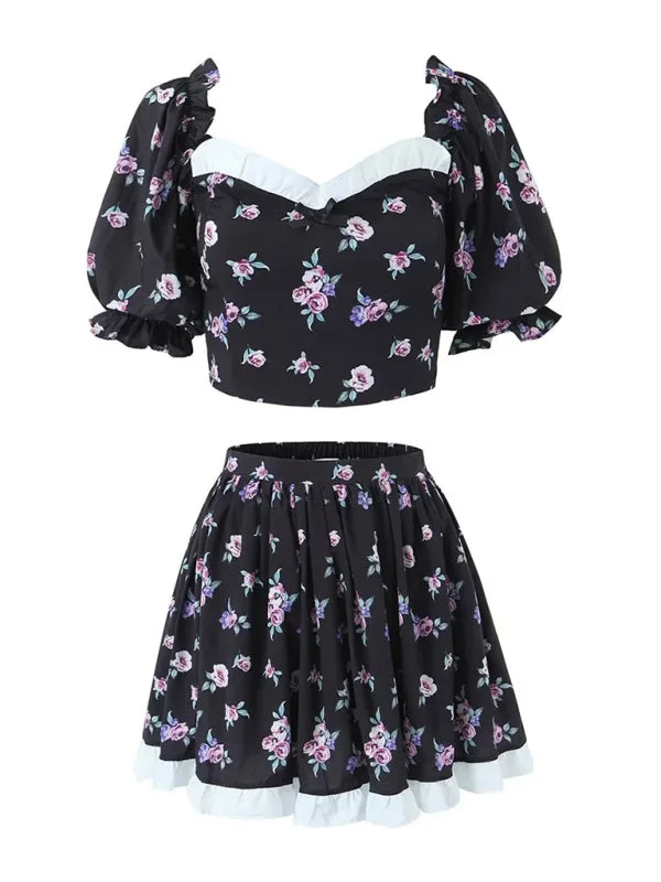Blue Zone Planet |  White Floral Puff Sleeve High Waist Top + Skirt Set belted skirt waist