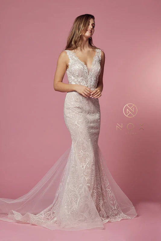 Nox Anabel's Enchanting Bridal Gown: Embroidered Lace, Scalloped V-Neckline, and Trumpet Skirt asymmetrical skirt cut