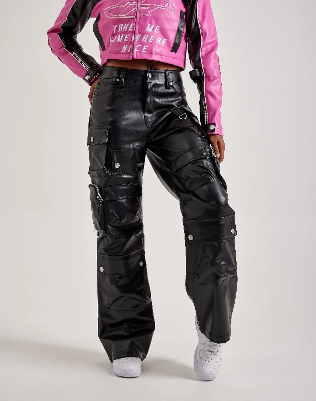 First Row Wide Leather Cargo Pants Comfortable Jogging Pants