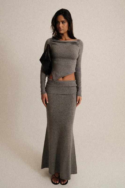 Karlie Knit Maxi Skirt With Ribbed Waist - Charcoal Marle ruffled skirt detail