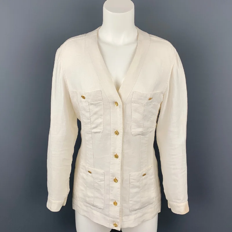 Vintage CHANEL Size 4 Cream Linen V-Neck Patch Pocket Jacket Rayon Fabric Velvet Fabric Corduroy Fabric