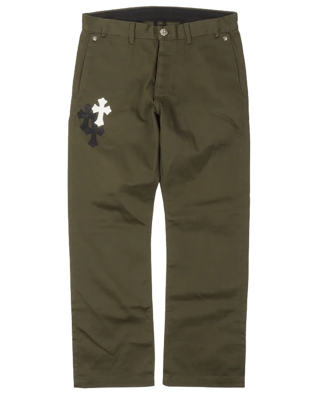 Leather Cross Patch Chino Pants Elegant Palazzo Trousers