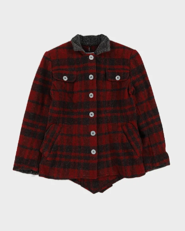 Red And Grey Checked Wool Jacket - S Bomber Jacket Anorak Windbreaker