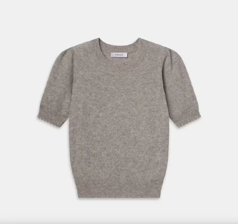 Pointelle Puff Sleeve Sweater Light Heather Grey - Frame Seamless Knitted Crochet