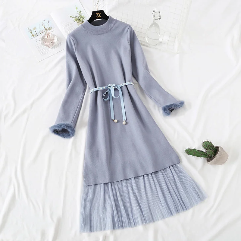 Knee sweater knitted dress fashion suit  4443 Mesh Blend Leather Blend Suede Blend