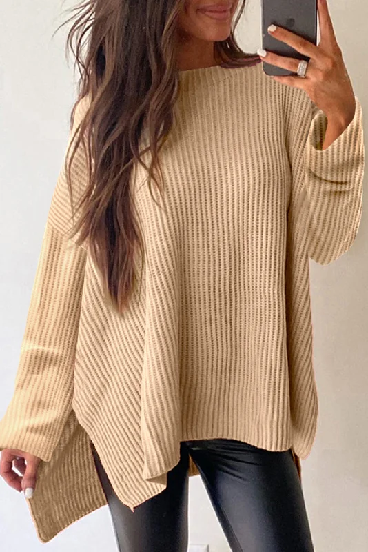Tonie Side Slit Round Neck Long Sleeve Sweater Print Jacquard Patchwork