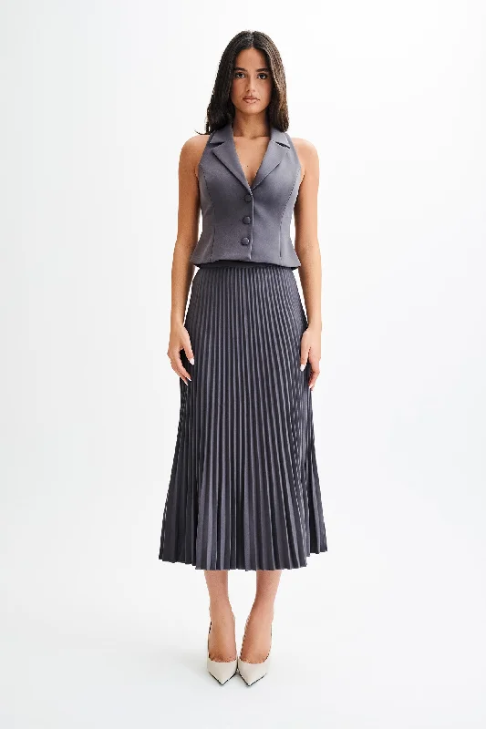 Twyla Pleated Suiting Maxi Skirt - Charcoal linen skirt airy