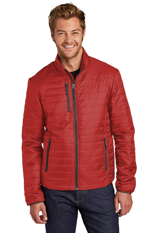 Port Authority Mens Water Resistant Packable Puffy Full Zip Jacket - Fire Red/Graphite Grey Zippered Front Buttoned Front Snap Front