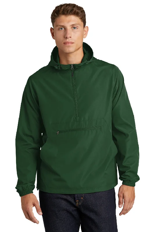 Sport-Tek Mens Wind & Water Resistant Packable Anorak 1/4 Zip Hooded Jacket - Forest Green Jacket Blazer Coat