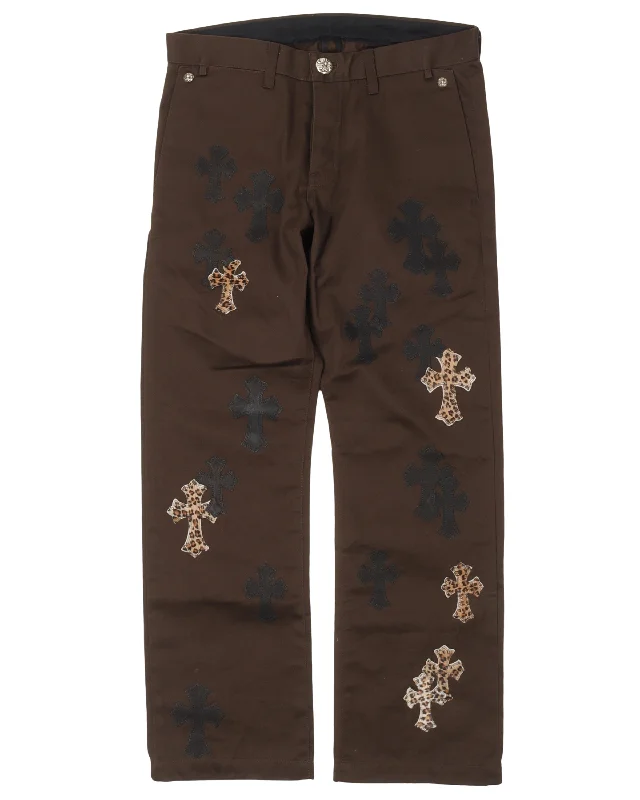 Leather Cross Patch Chino Pants Fashionable Button-Up Pants