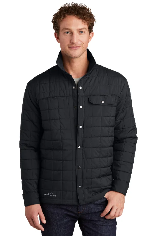 Eddie Bauer Mens Water Resistant Button Down Shirt Jacket - Black Welt Pockets Slit Pockets Flap Pockets