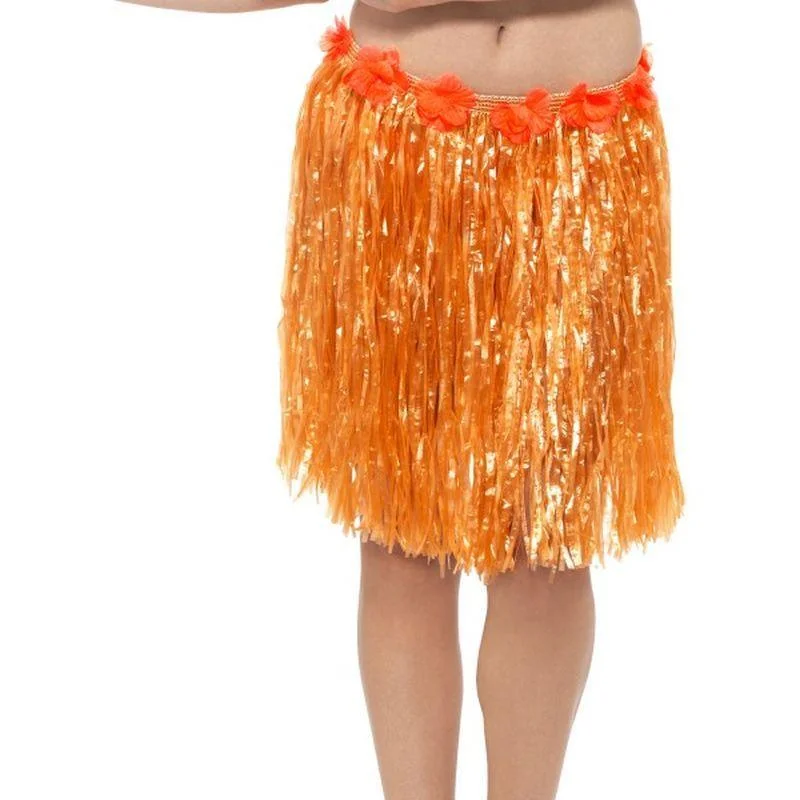 Hawaiian Hula Skirt With Flowers Adult Neon Orang ribbed skirt waist