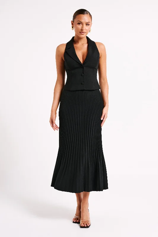 Twyla Pleated Suiting Maxi Skirt - Black wool skirt sturdy