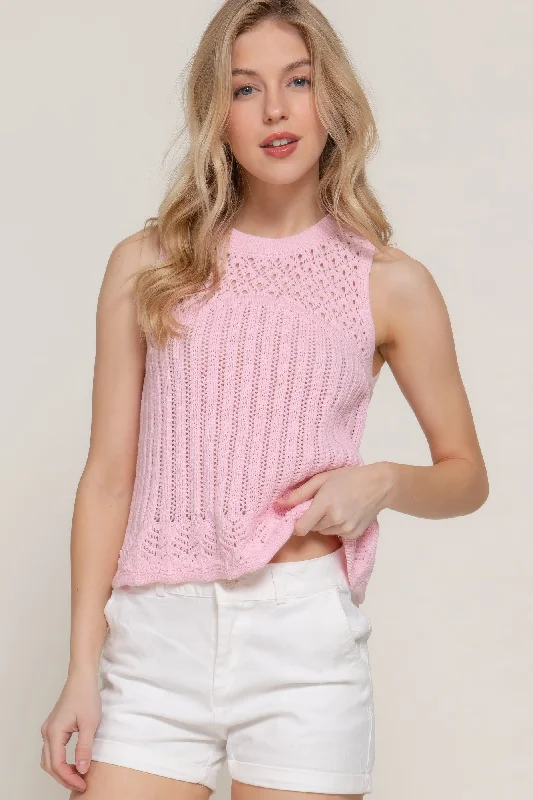 Sleeveless Crochet Spring Sweater Solid Print Embellished
