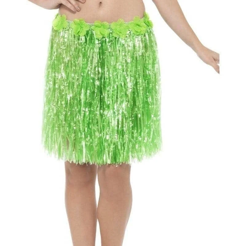 Hawaiian Hula Skirt With Flowers Adult Neon Green athletic skirt fit