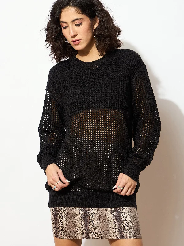 Women Black Oversized Crochet Sweater Solid Color Striped Floral Print