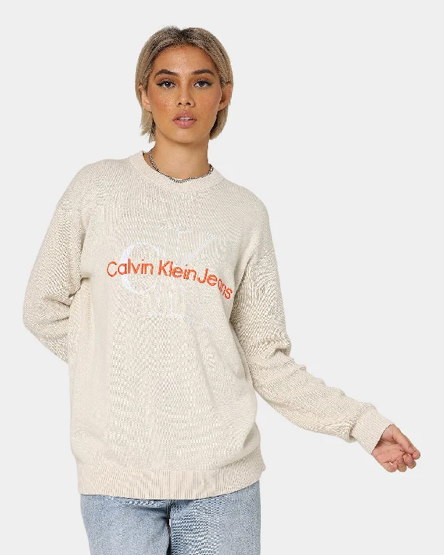 Calvin Klein Two Tone Monogram Sweater Eggshell Terry Blend Velvet Blend Canvas Blend