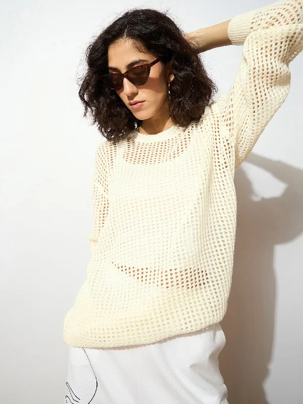 Women Off White Oversized Crochet Sweater Solid Print Embellished