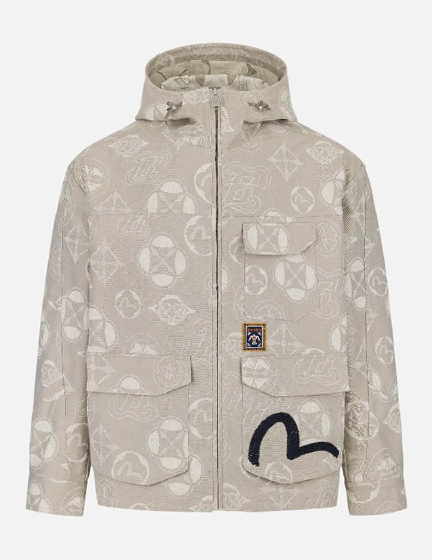 Allover Kamon and Seagull Jacquard Relax Fit Hooded Jacket Jacket Blazer Coat